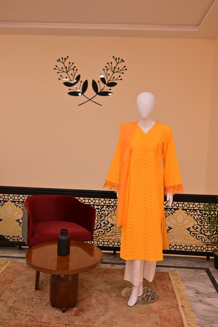 St lawn 2pc Chiken Print-Orange