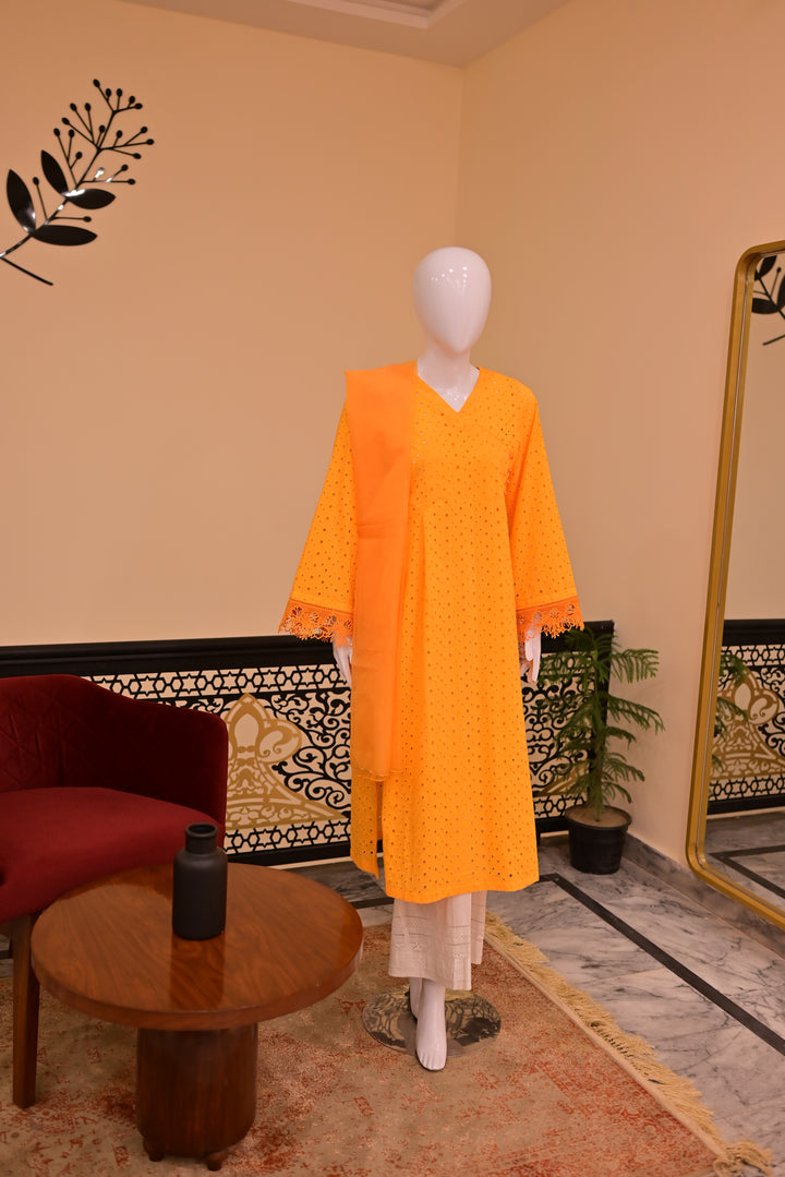 St lawn 2pc Chiken Print-Orange