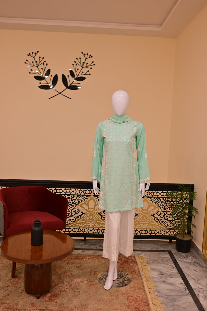 Stitched 2pc Lawn Applique Work-Sea Green