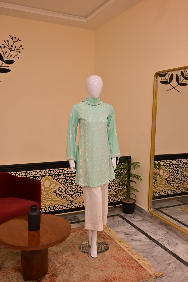Stitched 2pc Lawn Applique Work-Sea Green