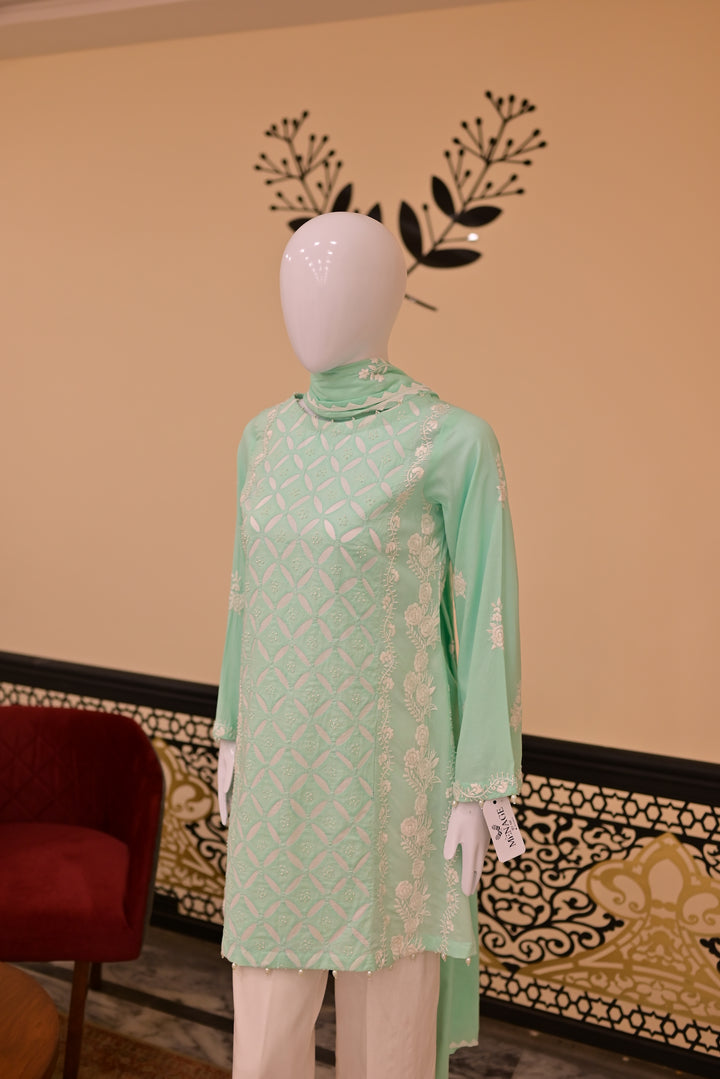 Stitched 2pc Lawn Applique Work-Sea Green