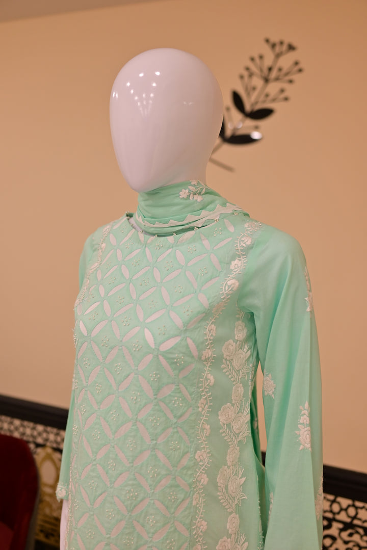 Stitched 2pc Lawn Applique Work-Sea Green
