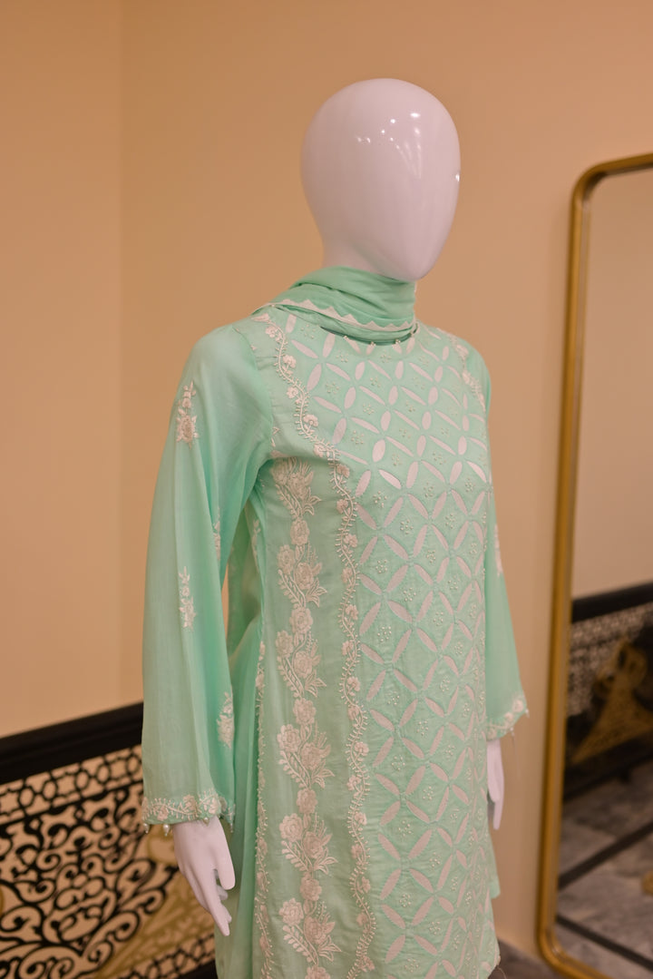 Stitched 2pc Lawn Applique Work-Sea Green