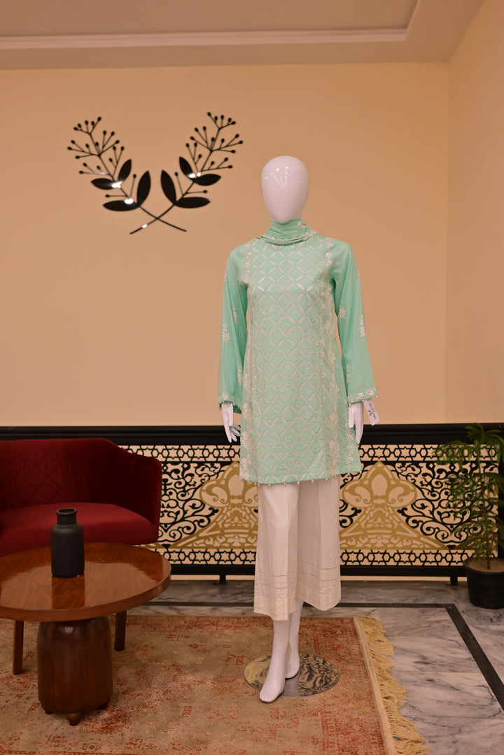Stitched 2pc Lawn Applique Work-Sea Green